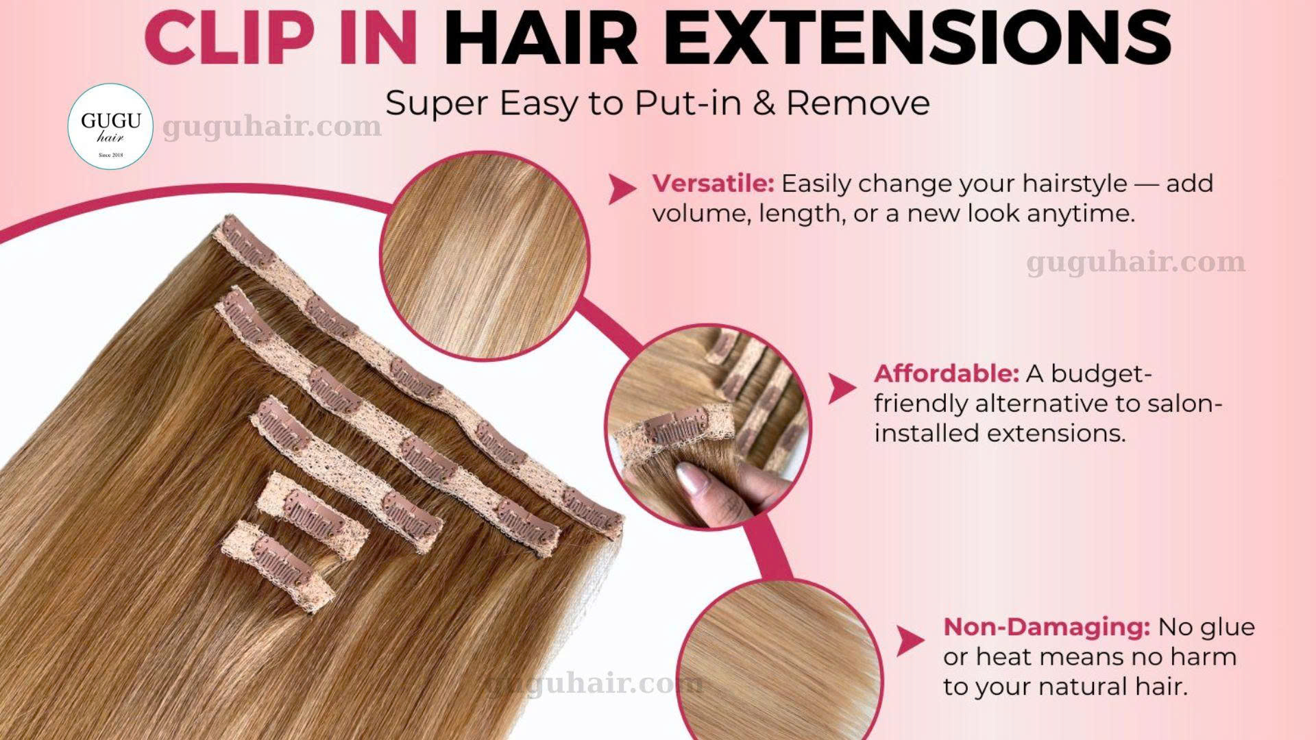 Clip-in-hair-extensions Blonde Bone Staight 18 Step-by-step guide showing a model applying clip-in hair extensions. The process highlights sectioning natural hair, clipping the extensions securely, and blending for a natural look.