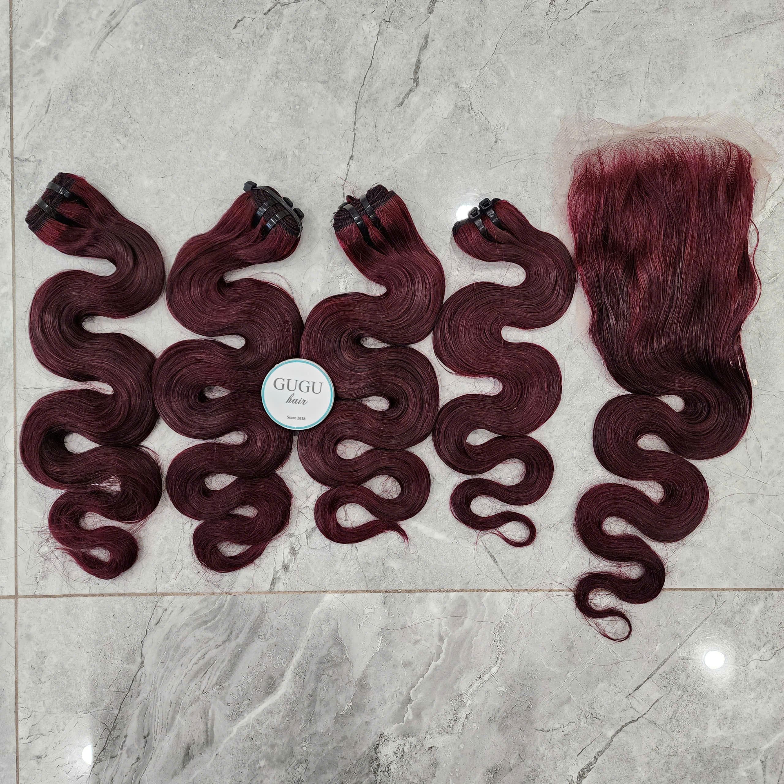 Body Wave Bundles With Lace Closure 4x4 Burgundy Color 28 Inches 100% Vietnamese Raw Human Hair 5 Top Quality Virgin Vietnamese Human Hair Weaves Body Wave Hair Bundles
