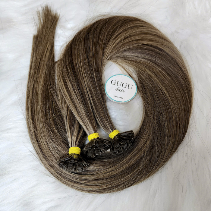 Ash Blonde Highlight Brown Flat Tip Keratin Hair Extensions | GUGU HAIR 12 Double Drawn Flat Tip Keratin Hair Extensions