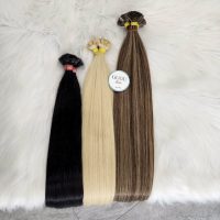 Ash Blonde Highlight Brown Flat Tip Keratin Hair Extensions | GUGU HAIR 9 Straight Flat Tip Keratin Hair Extensions – Tangle-Free & Easy to Style