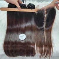 Vietnamese Bone Straight Hair Weft Extensions | Premium Raw Human Hair 3 Vietnamese Ombre Human Hair Bundles + Closure — 100% Remy, Soft & Smooth, Double Drawn, Trendy Colour