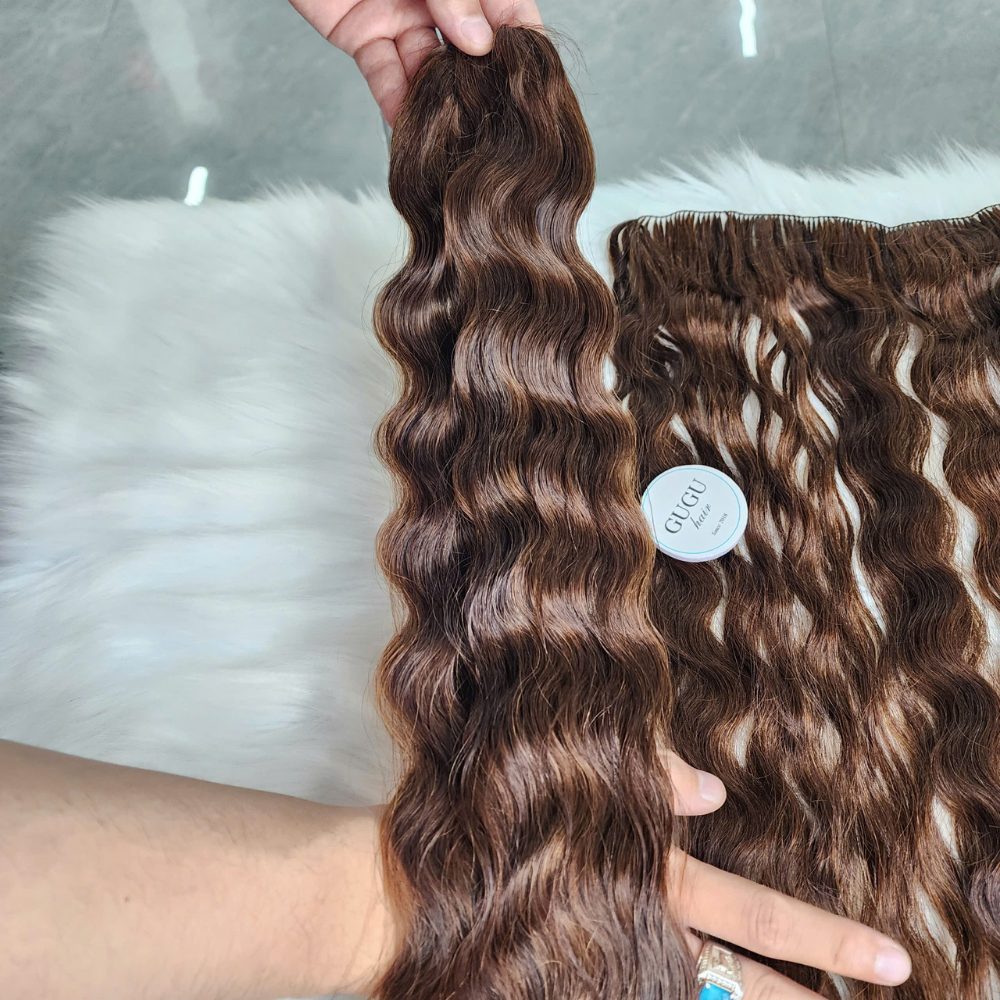 Premium Feather Weft Hair Deep Wave Highlight Brown Color (9)