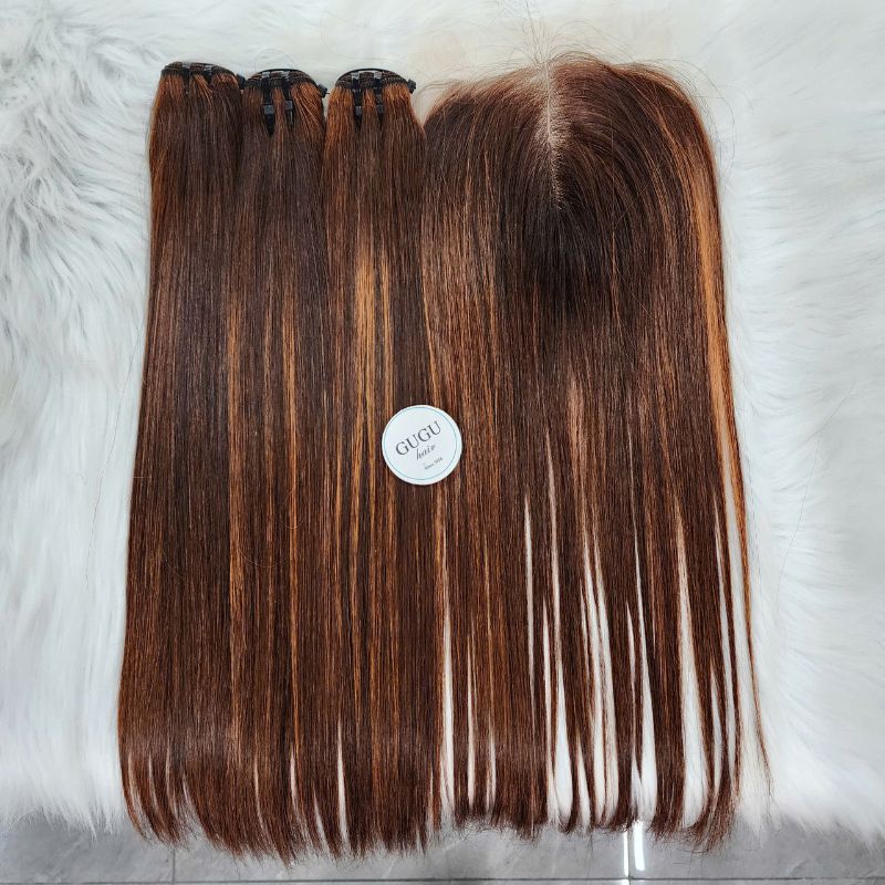 Straight Vietnamese Weft Hair Extensions – Natural Ginger Highlight Brown