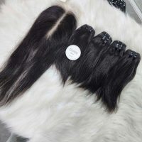 Vietnamese Bone Straight Raw Hair Weft Bundles with Closure - Natural Black Color