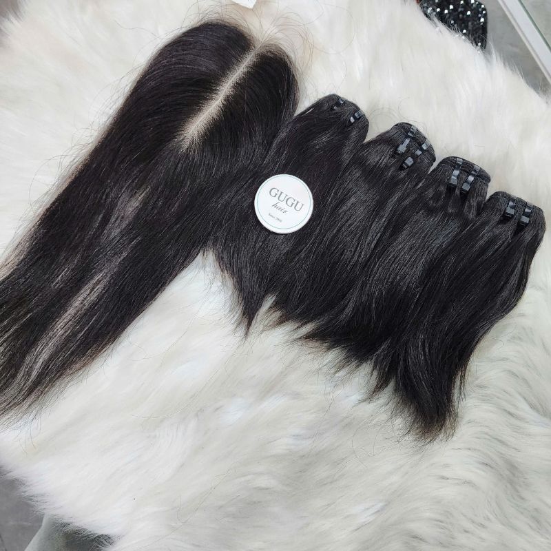 Vietnamese Bone Straight Raw Hair Weft Bundles with Closure - Natural Black Color