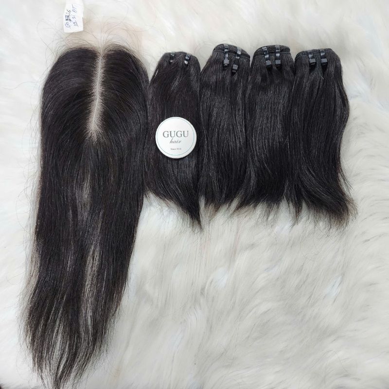 Vietnamese Bone Straight Raw Hair Weft Bundles with Closure Natural Black Color 2