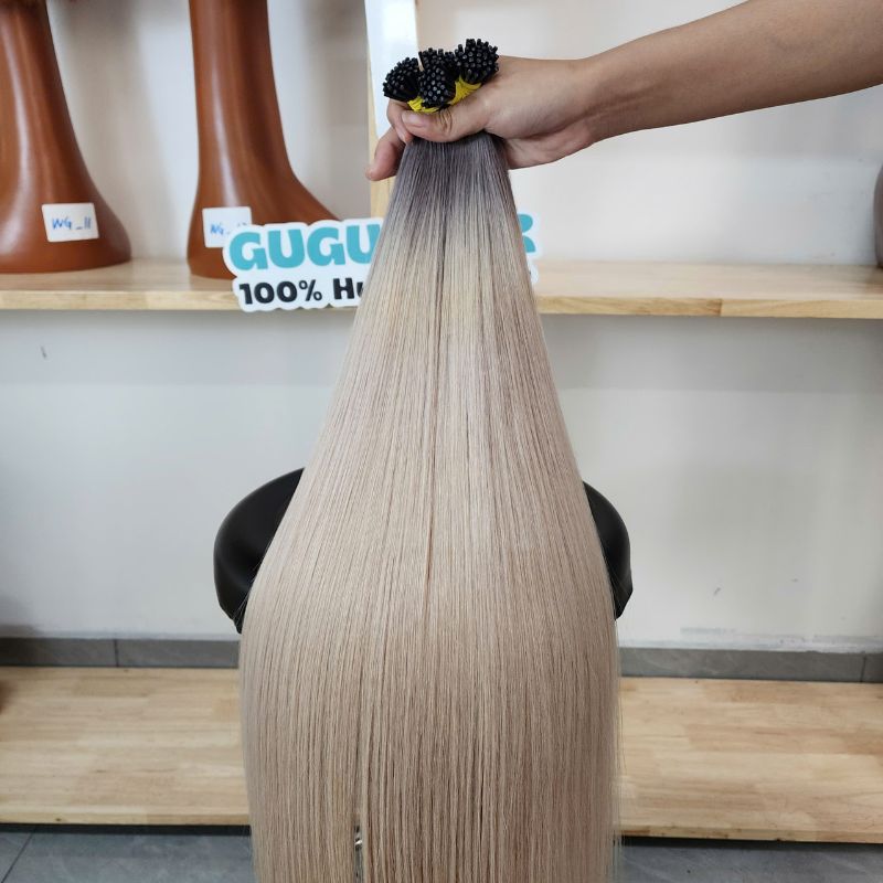 Premium Mixed Color Black Root to Blonde I Tip Hair Extension Bone Straight Raw Vietnamese Human Hair